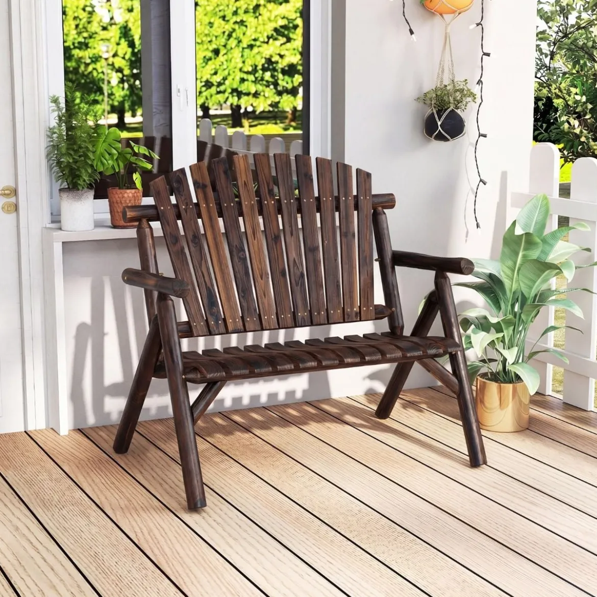 2-Sitzer Sitzbank mit Armlehnen Holz Gartenbank bis 300 kg Belastbar Balkonbank Braun