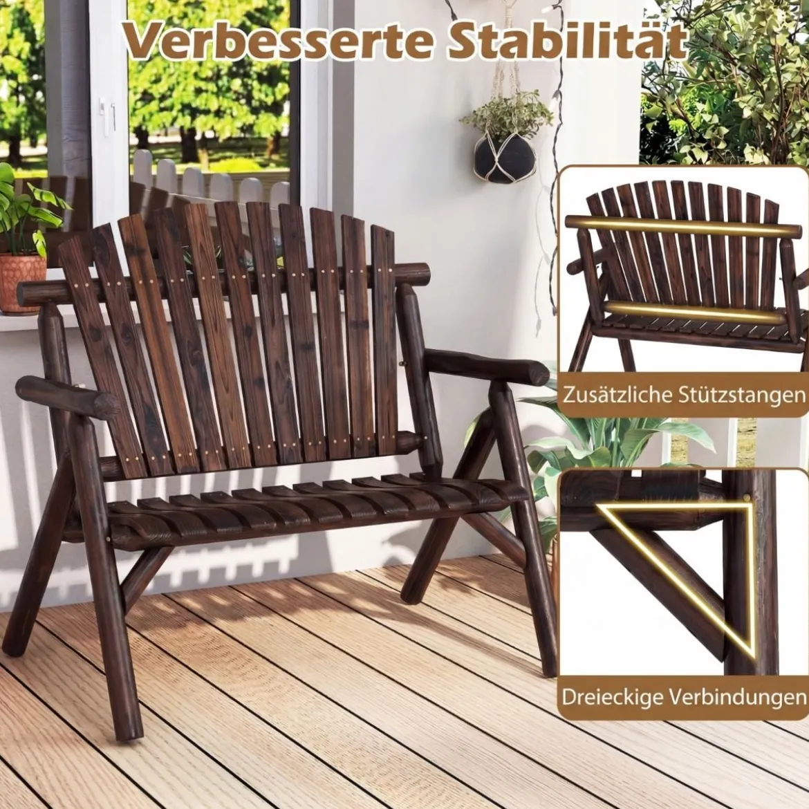 2-Sitzer Sitzbank mit Armlehnen Holz Gartenbank bis 300 kg Belastbar Balkonbank Braun