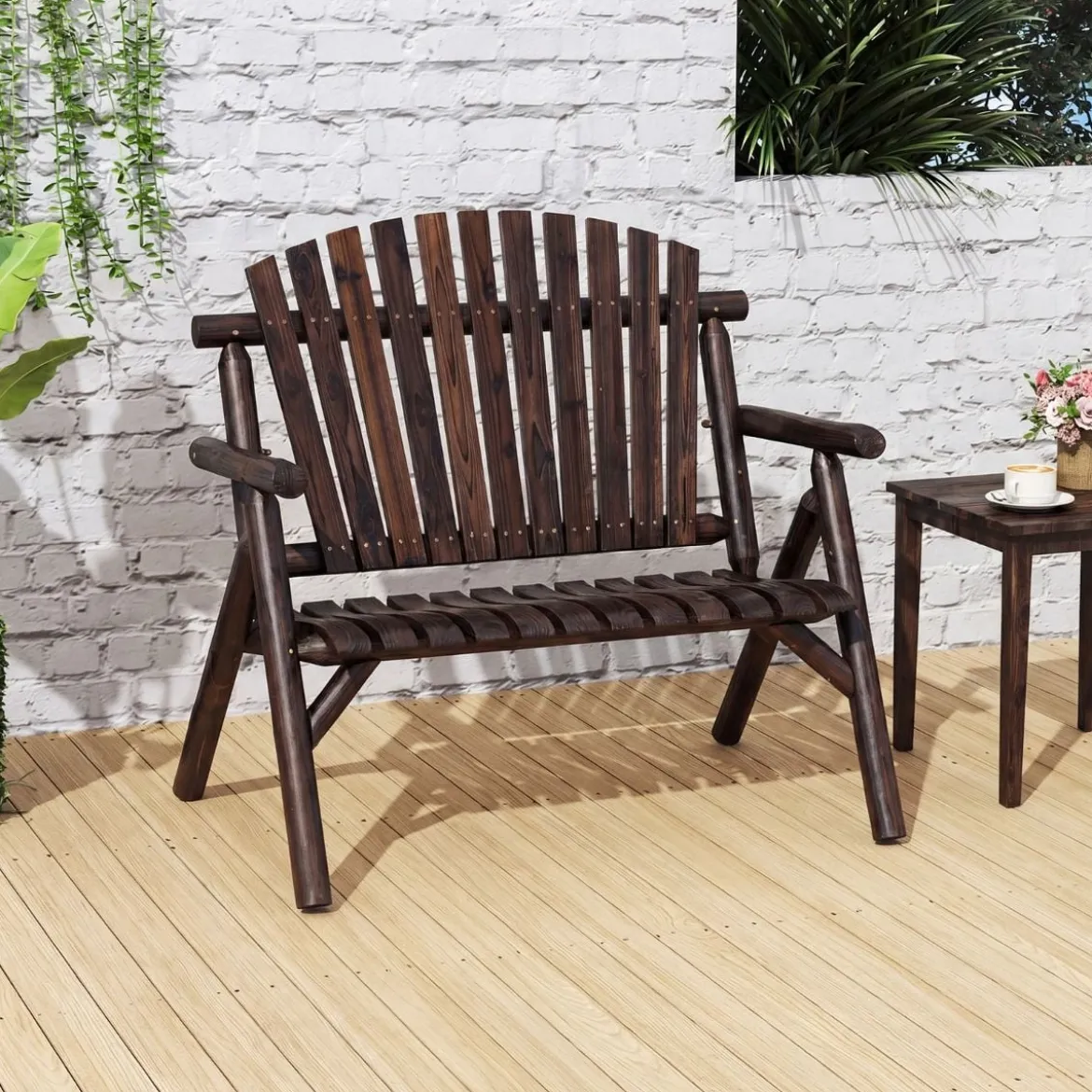 2-Sitzer Sitzbank mit Armlehnen Holz Gartenbank bis 300 kg Belastbar Balkonbank Braun