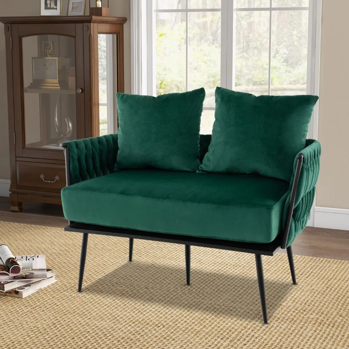 2-Sitzer Sofa aus Samt kleine Couch mit 2 Rückenkissen 109 x 61 x 65 cm Grün