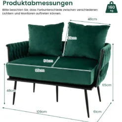 2-Sitzer Sofa aus Samt kleine Couch mit 2 Rückenkissen 109 x 61 x 65 cm Grün