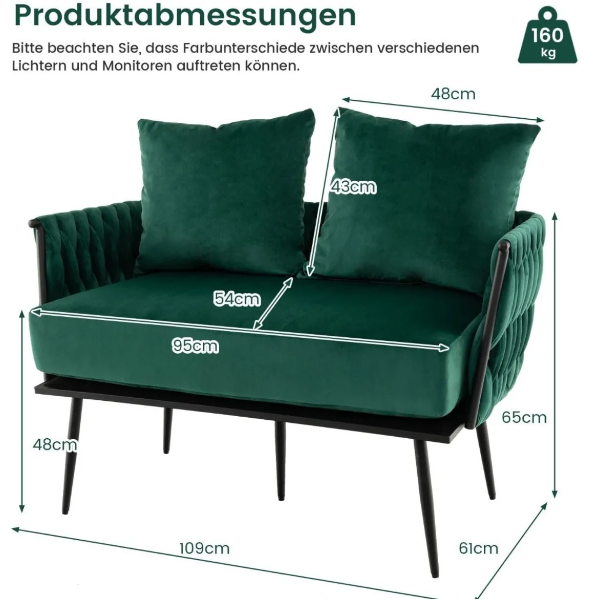 2-Sitzer Sofa aus Samt kleine Couch mit 2 Rückenkissen 109 x 61 x 65 cm Grün