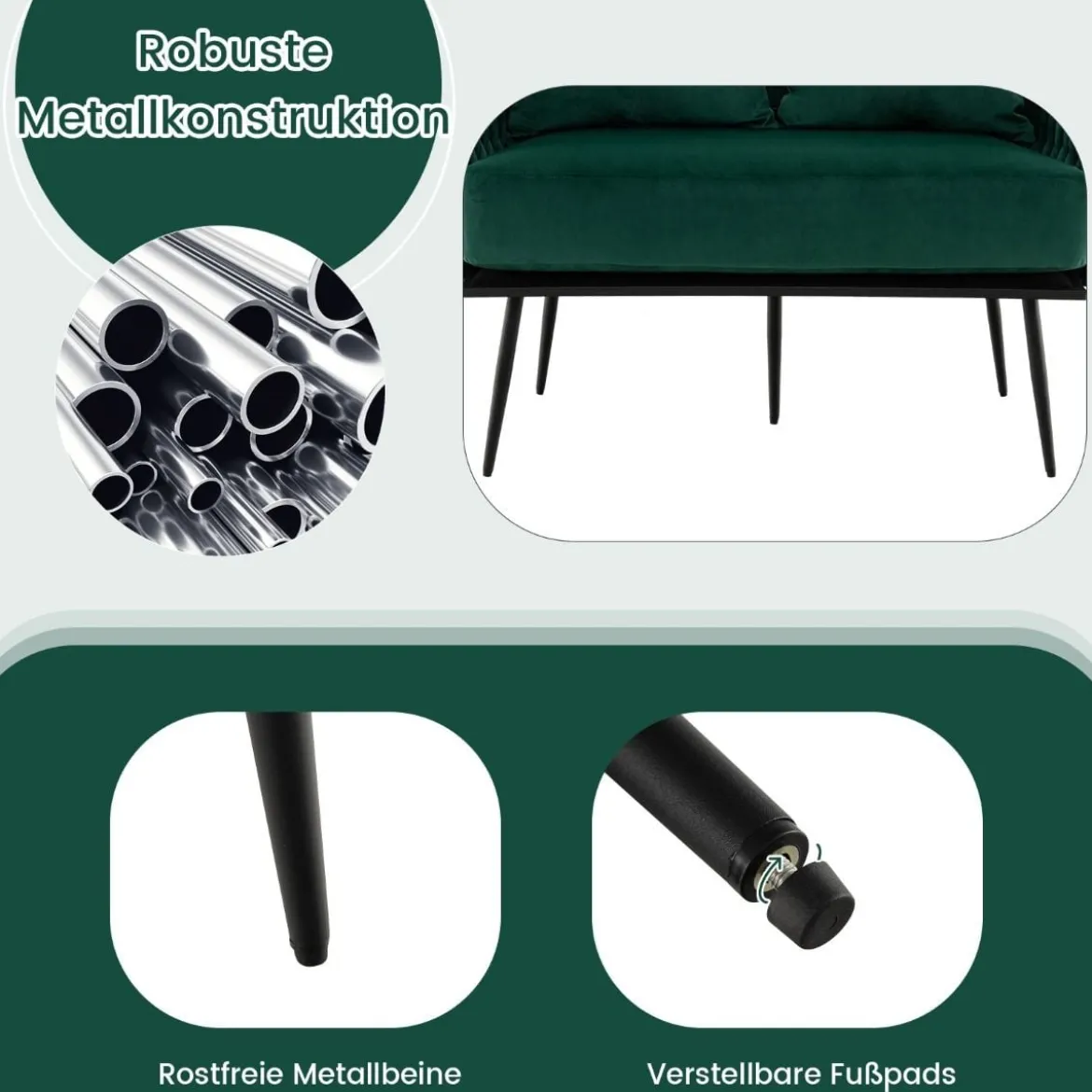 2-Sitzer Sofa aus Samt kleine Couch mit 2 Rückenkissen 109 x 61 x 65 cm Grün