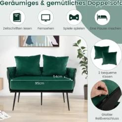 2-Sitzer Sofa aus Samt kleine Couch mit 2 Rückenkissen 109 x 61 x 65 cm Grün