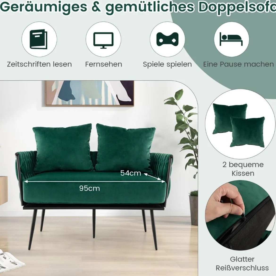 2-Sitzer Sofa aus Samt kleine Couch mit 2 Rückenkissen 109 x 61 x 65 cm Grün