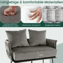 2-Sitzer Sofa aus Samt kleine Couch mit 2 Rückenkissen 109 x 61 x 65 cm Grau