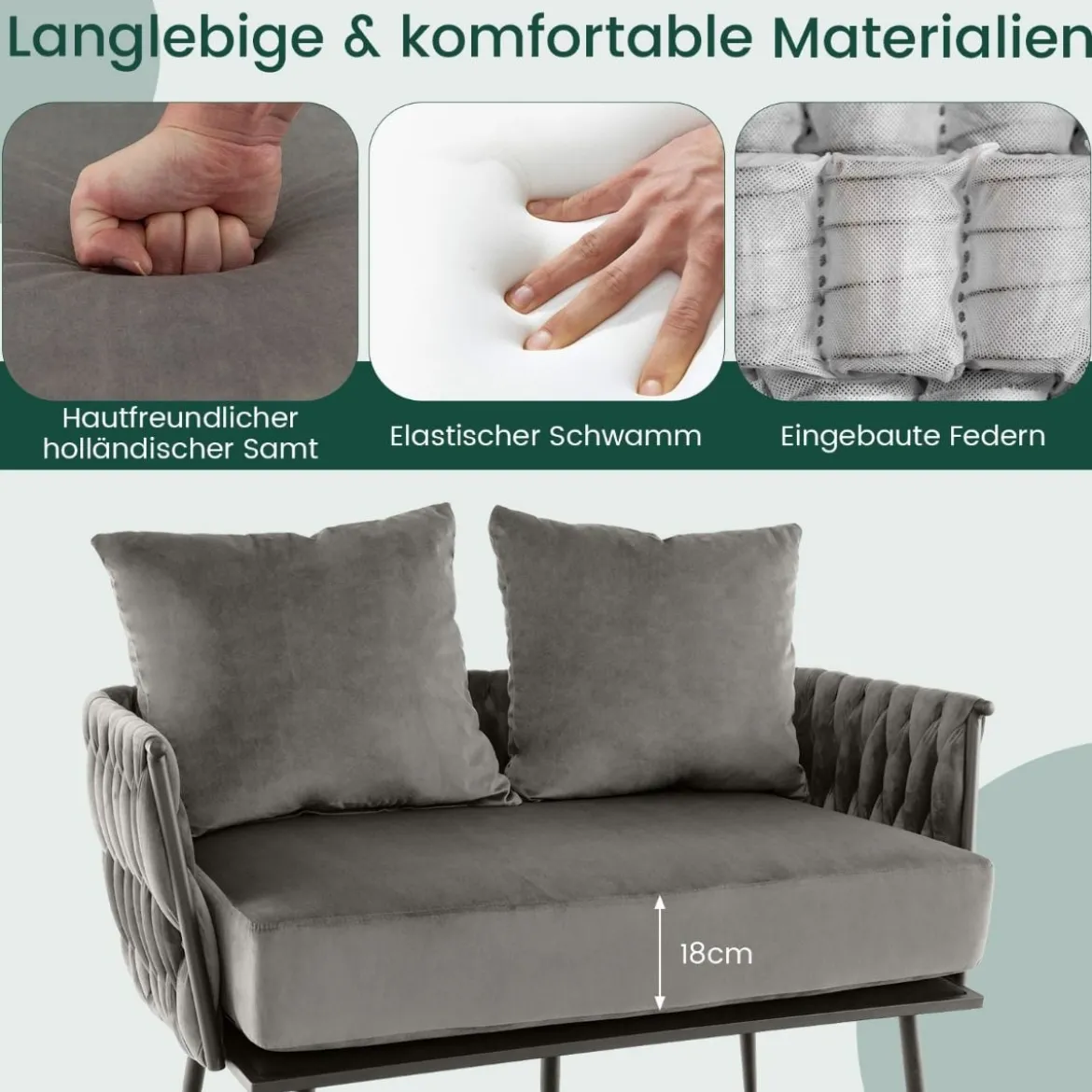 2-Sitzer Sofa aus Samt kleine Couch mit 2 Rückenkissen 109 x 61 x 65 cm Grau