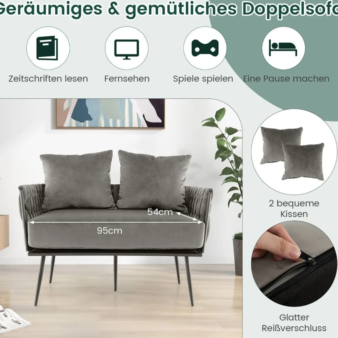 2-Sitzer Sofa aus Samt kleine Couch mit 2 Rückenkissen 109 x 61 x 65 cm Grau