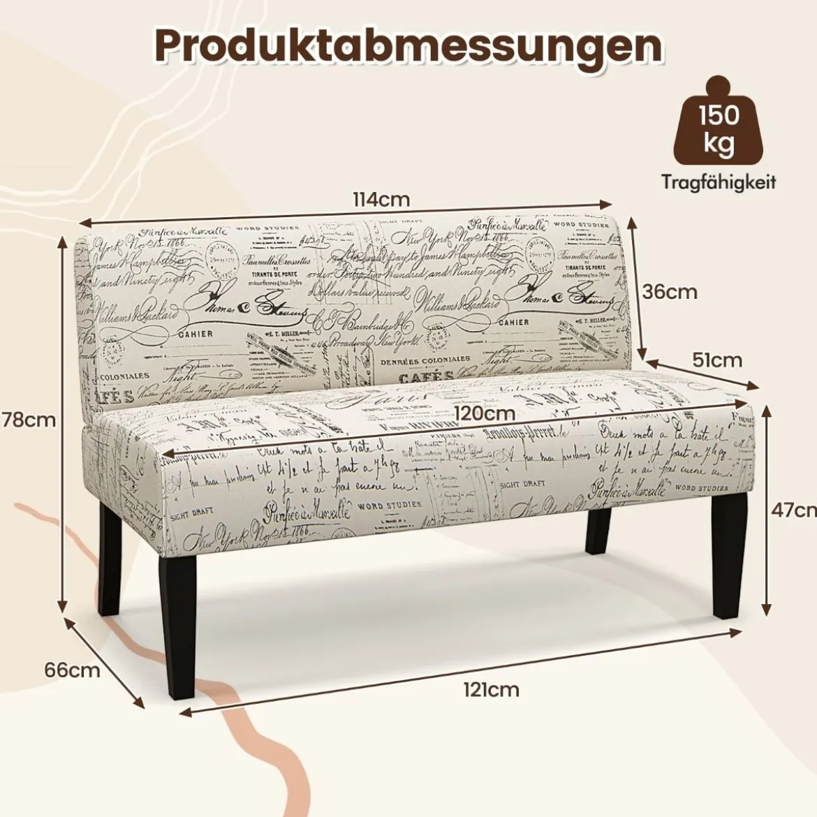 2-Sitzer Stoffsofa klein Couch mit Holzbeine Loungesofa gepolstertes Doppelsofa Sitzmöbel 121 x 66 x 78 cm Beige