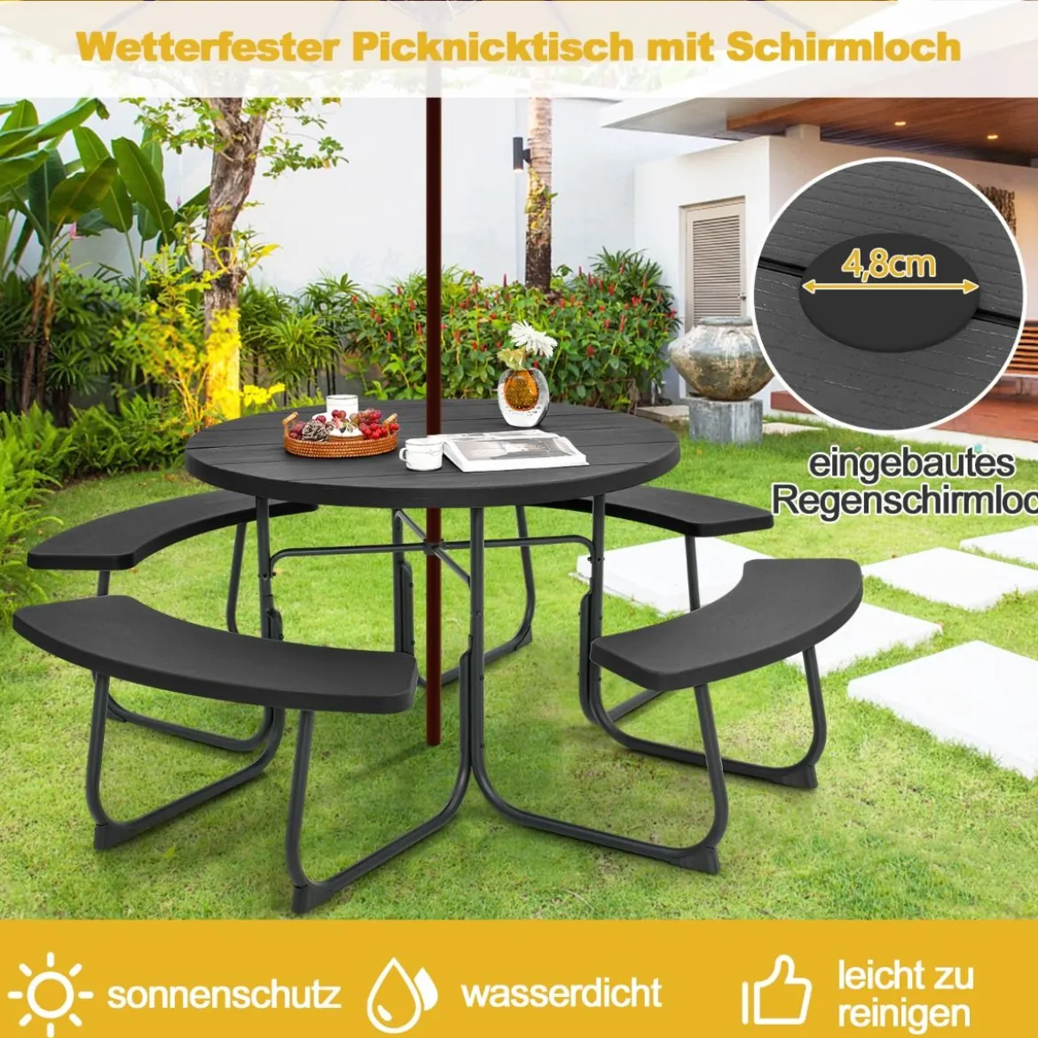 Sitzgarnitur für 8 Personen Picknicktisch aus HDPE mit Schirmloch & 4 Bänken Wetterfester Tisch