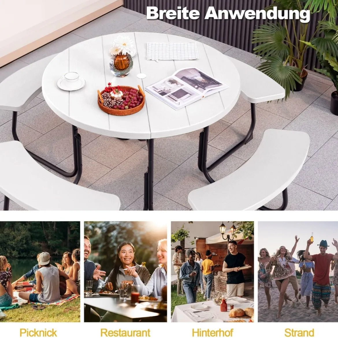 Sitzgarnitur für 8 Personen Picknicktisch aus HDPE mit Schirmloch & 4 Bänken Wetterfester Tisch