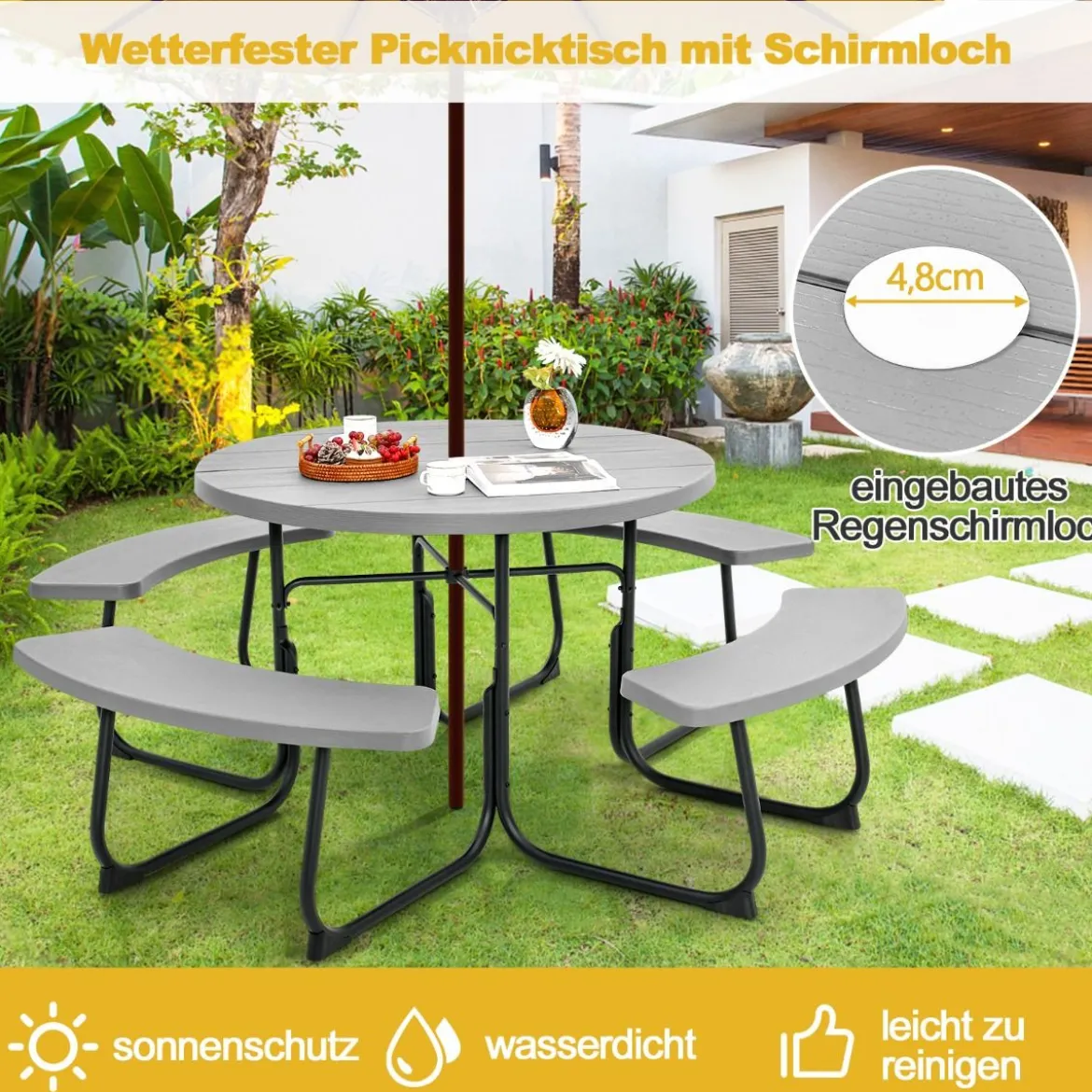 Sitzgarnitur für 8 Personen Picknicktisch aus HDPE mit Schirmloch & 4 Bänken Wetterfester Tisch