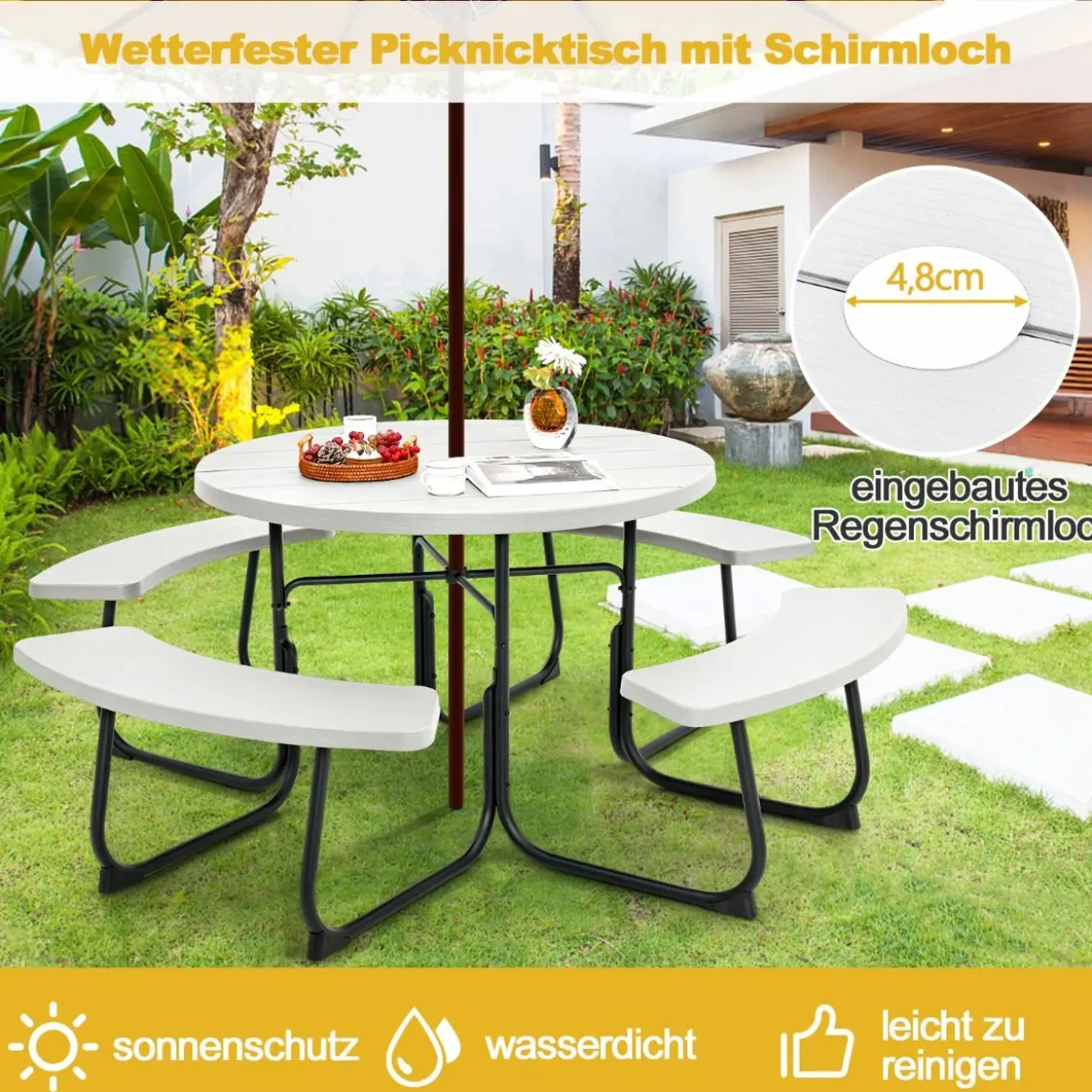 Sitzgarnitur für 8 Personen Picknicktisch aus HDPE mit Schirmloch & 4 Bänken Wetterfester Tisch