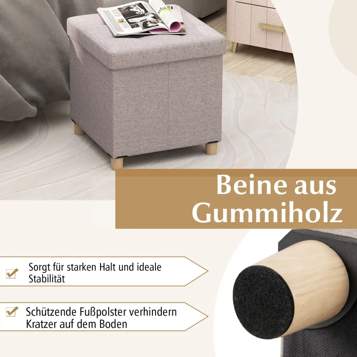 Sitzhocker mit Stauraum Fußhocker aus Leinenstoff mit gepolstertem Deckel & Gummibaumholzbeinen Aufbewahrungsbox für Wohnzimmer 45 x 45 x 45 cm Beige