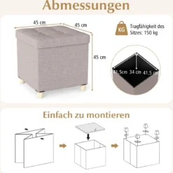 Sitzhocker mit Stauraum Fußhocker aus Leinenstoff mit gepolstertem Deckel & Gummibaumholzbeinen Aufbewahrungsbox für Wohnzimmer 45 x 45 x 45 cm Beige