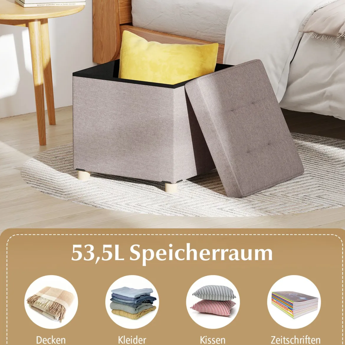 Sitzhocker mit Stauraum Fußhocker aus Leinenstoff mit gepolstertem Deckel & Gummibaumholzbeinen Aufbewahrungsbox für Wohnzimmer 45 x 45 x 45 cm Beige