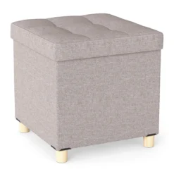 Sitzhocker mit Stauraum Fußhocker aus Leinenstoff mit gepolstertem Deckel & Gummibaumholzbeinen Aufbewahrungsbox für Wohnzimmer 45 x 45 x 45 cm Beige