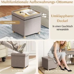 Sitzhocker mit Stauraum Fußhocker aus Leinenstoff mit gepolstertem Deckel & Gummibaumholzbeinen Aufbewahrungsbox für Wohnzimmer 45 x 45 x 45 cm Grau