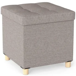 Sitzhocker mit Stauraum Fußhocker aus Leinenstoff mit gepolstertem Deckel & Gummibaumholzbeinen Aufbewahrungsbox für Wohnzimmer 45 x 45 x 45 cm Grau