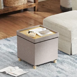 Sitzhocker mit Stauraum Fußhocker aus Leinenstoff mit gepolstertem Deckel & Gummibaumholzbeinen Aufbewahrungsbox für Wohnzimmer 45 x 45 x 45 cm Grau