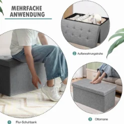 Sitzhocker mit Stauraum Klappbare Sitzbank Schuhbank mit Gepolsterter Sitzfläche Sitztruhe Hellgrau