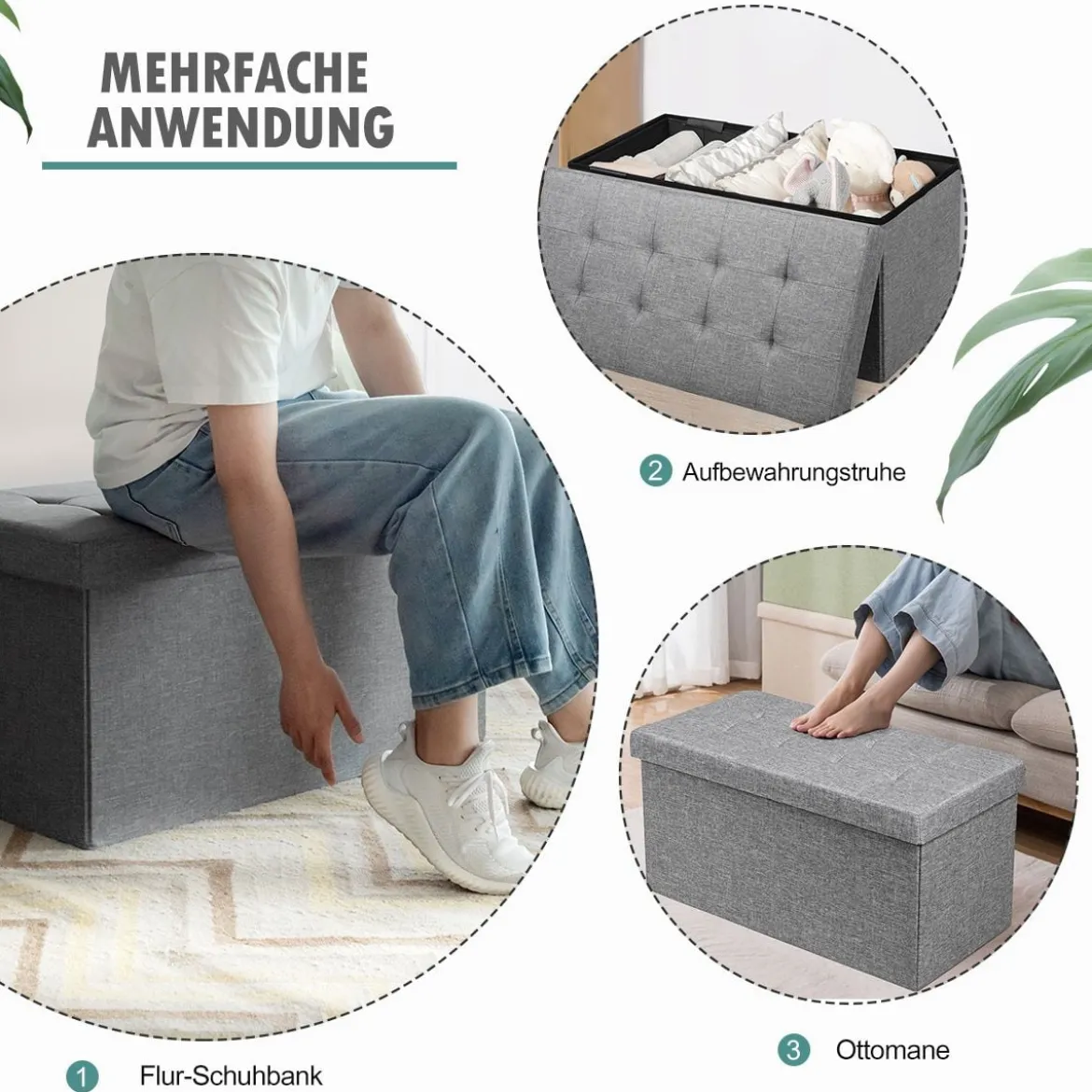 Sitzhocker mit Stauraum Klappbare Sitzbank Schuhbank mit Gepolsterter Sitzfläche Sitztruhe Hellgrau