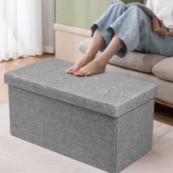 Sitzhocker mit Stauraum Klappbare Sitzbank Schuhbank mit Gepolsterter Sitzfläche Sitztruhe Hellgrau