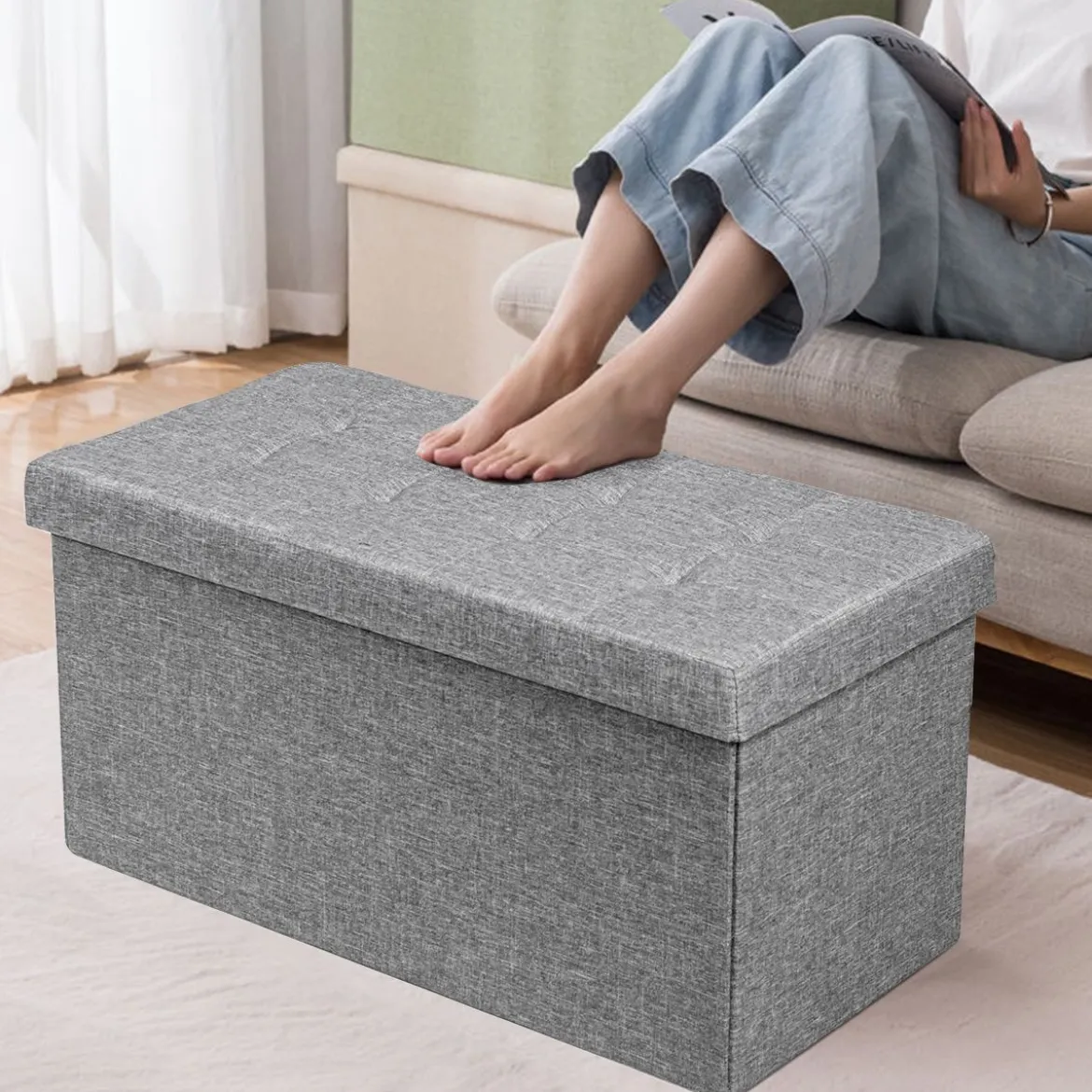 Sitzhocker mit Stauraum Klappbare Sitzbank Schuhbank mit Gepolsterter Sitzfläche Sitztruhe Hellgrau