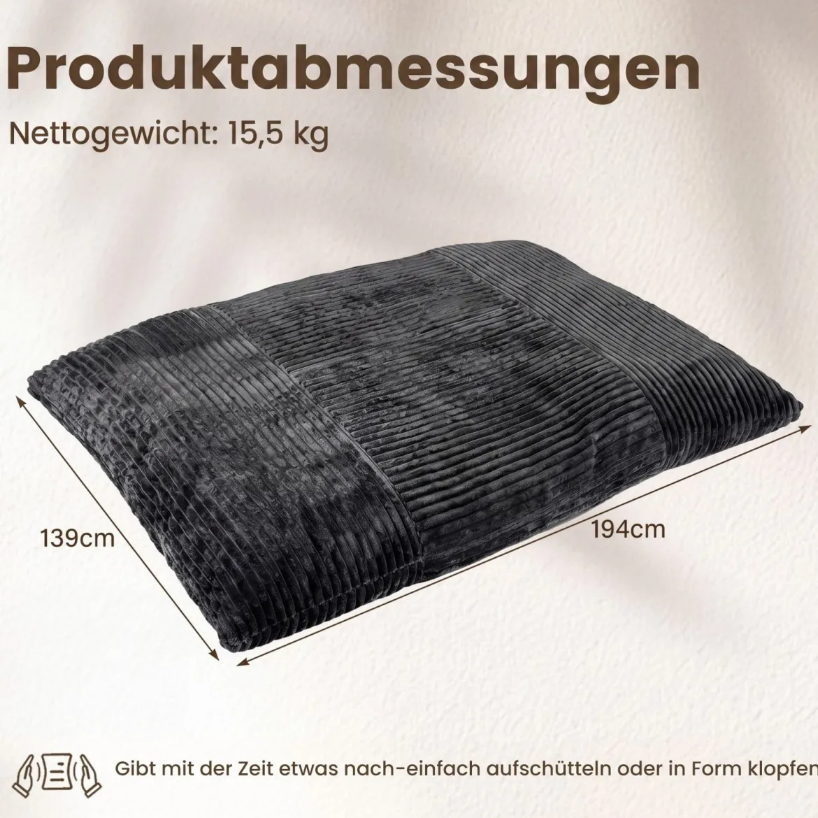 Sitzsack aus Cordstoff Riesiger Bean Bag mit Abnehmbarem Bezug 194 x 139 x 19 cm Dunkelgrau