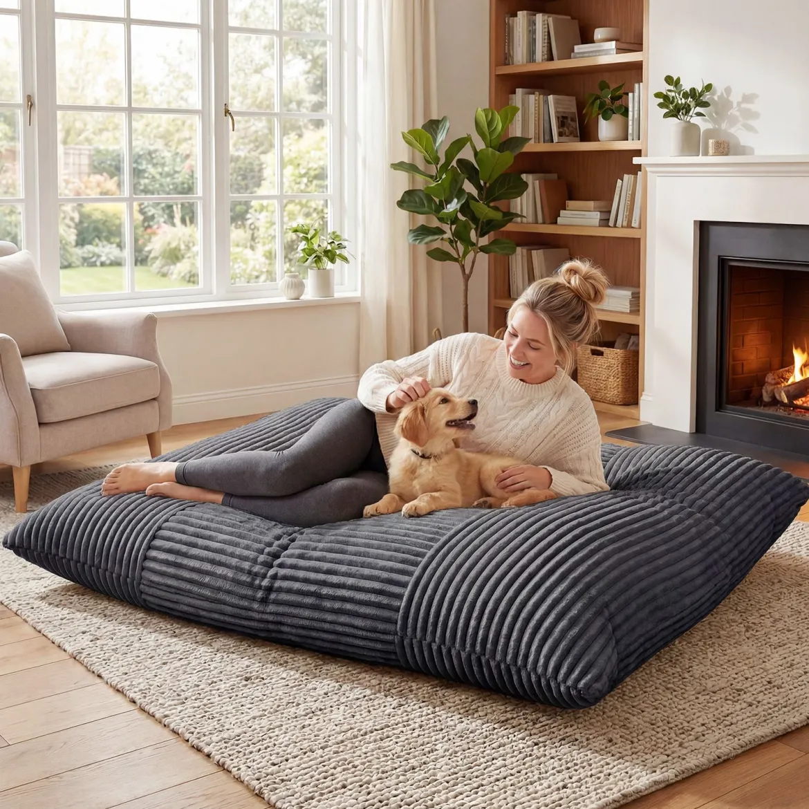 Sitzsack aus Cordstoff Riesiger Bean Bag mit Abnehmbarem Bezug 194 x 139 x 19 cm Dunkelgrau