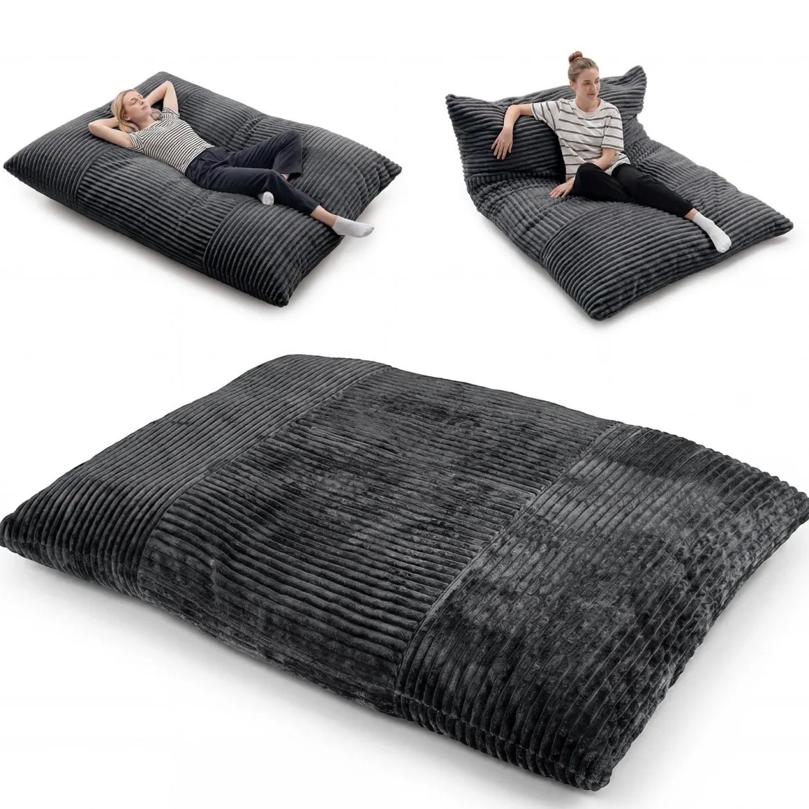 Sitzsack aus Cordstoff Riesiger Bean Bag mit Abnehmbarem Bezug 194 x 139 x 19 cm Dunkelgrau