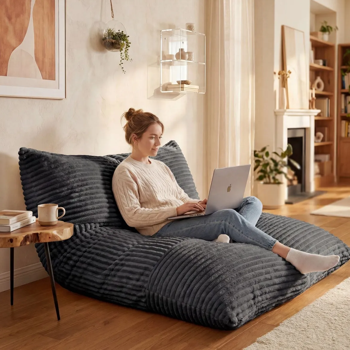 Sitzsack aus Cordstoff Riesiger Bean Bag mit Abnehmbarem Bezug 194 x 139 x 19 cm Dunkelgrau