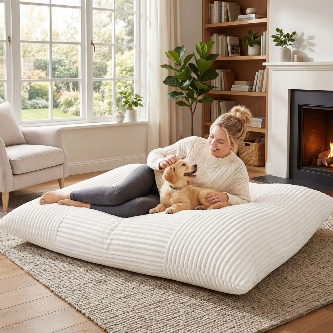 Sitzsack aus Cordstoff Riesiger Bean Bag mit Abnehmbarem Bezug 194 x 139 x 19 cm Beige