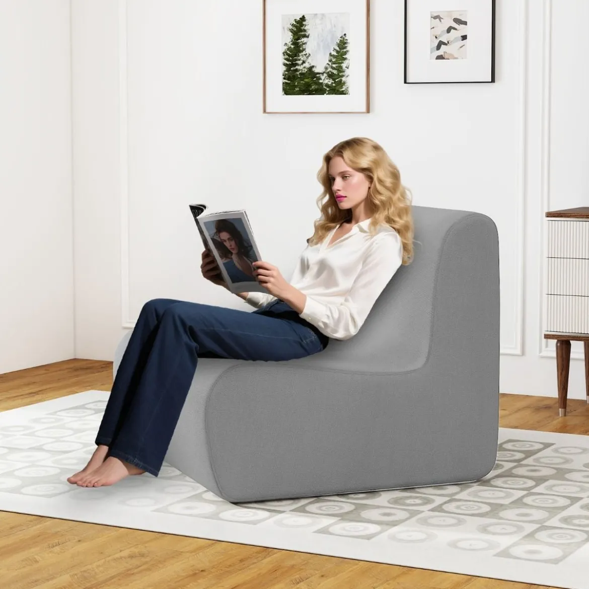 Sitzsack bequemer Bodensofa Stuhl mit weichem Samt & ergonomischer Unterstützung komfortabler Einzel-Lesesessel Grau