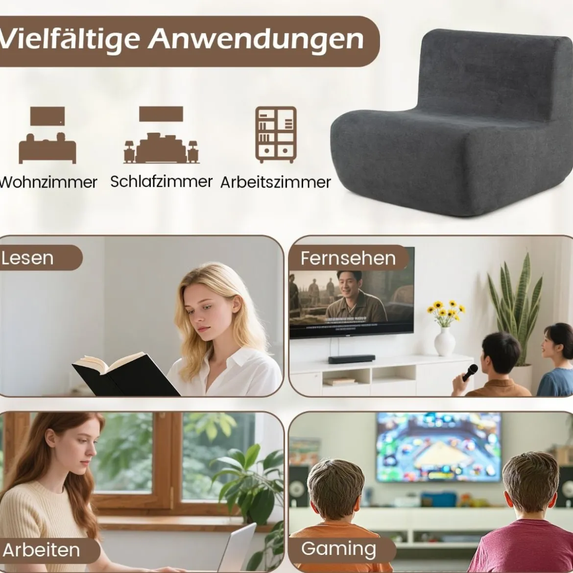 Sitzsack bequemer Bodensofa Stuhl mit weichem Samt & ergonomischer Unterstützung komfortabler Einzel-Lesesessel Grau