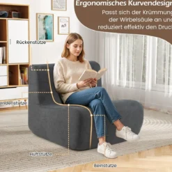 Sitzsack bequemer Bodensofa Stuhl mit weichem Samt & ergonomischer Unterstützung komfortabler Einzel-Lesesessel Grau