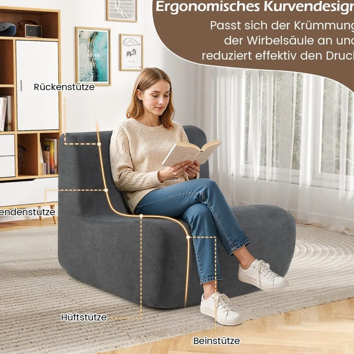 Sitzsack bequemer Bodensofa Stuhl mit weichem Samt & ergonomischer Unterstützung komfortabler Einzel-Lesesessel Grau