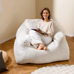Sitzsack Sessel Bodensessel mit Samtbezug & rutschfestem Boden gepolstertes Bodensofa für Wohnzimmer 124 x 110 x 68 cm Beige