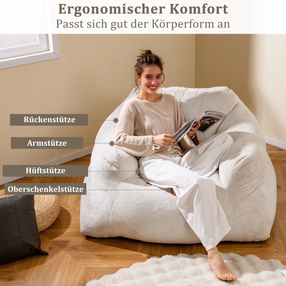 Sitzsack Sessel Bodensessel mit Samtbezug & rutschfestem Boden gepolstertes Bodensofa für Wohnzimmer 124 x 110 x 68 cm Beige