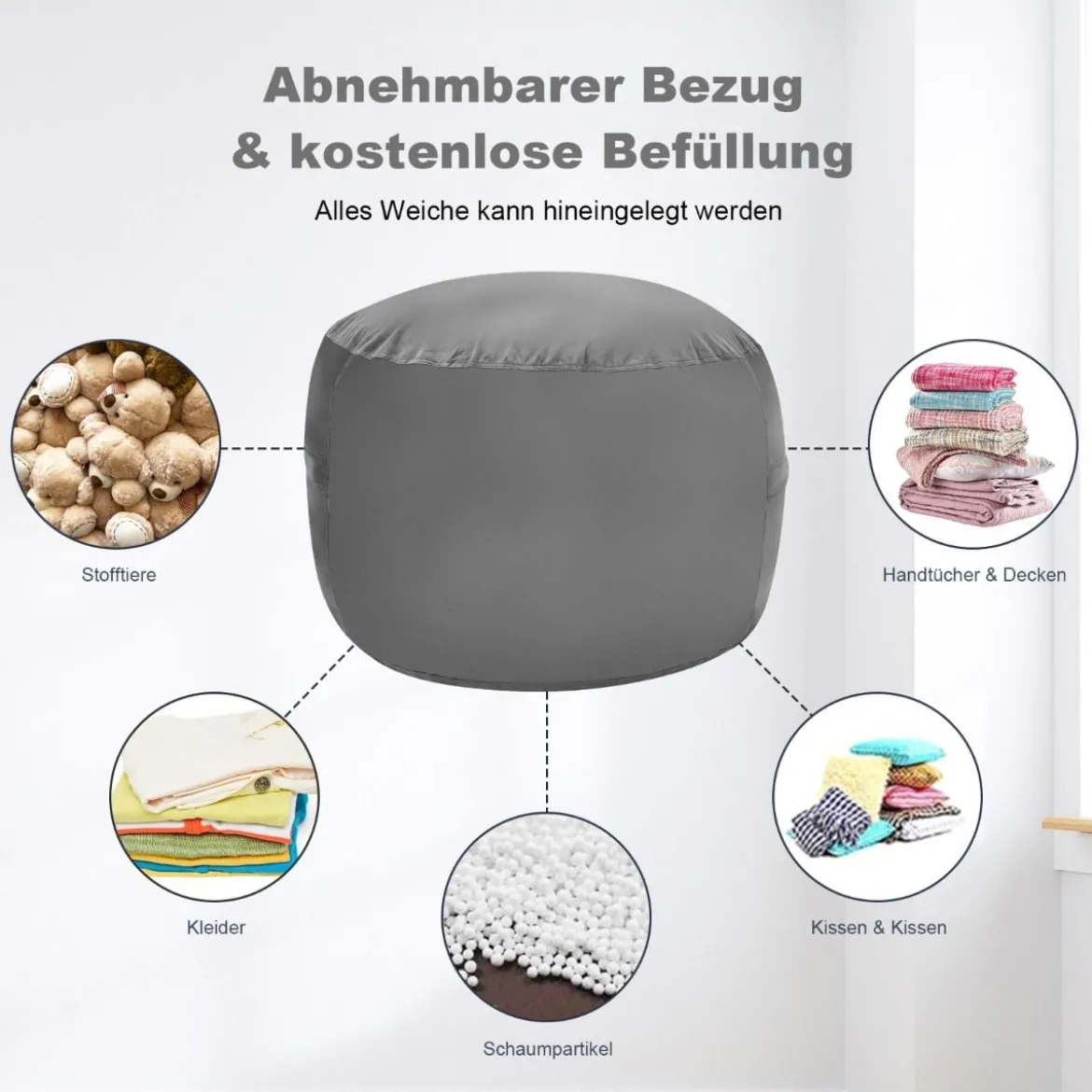 Sitzsack Sitzbag mit weicher Füllung Bean Bag sitzkissen Bodenkissen Bodenstuhl Ø 92 x 62 cm Grau