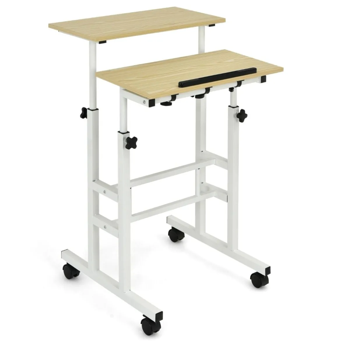 Sitz-Steh-Schreibtisch Stehschreibtisch höhenverstellbar rollender Schreibtisch Weiß + Natur