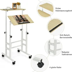 Sitz-Steh-Schreibtisch Stehschreibtisch höhenverstellbar rollender Schreibtisch Weiß + Natur