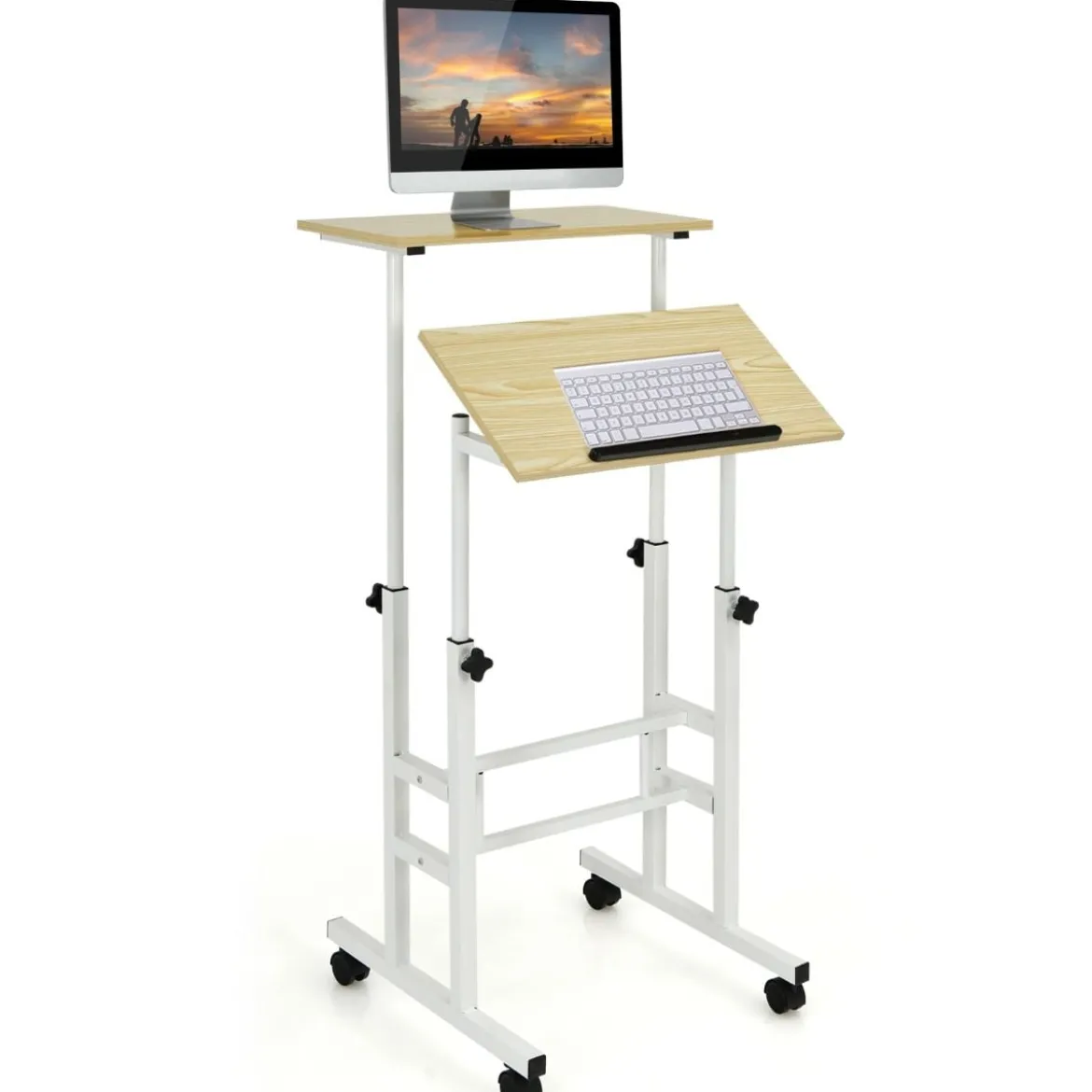 Sitz-Steh-Schreibtisch Stehschreibtisch höhenverstellbar rollender Schreibtisch Weiß + Natur