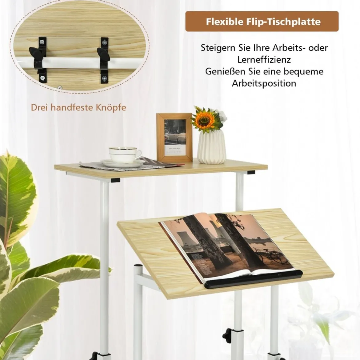 Sitz-Steh-Schreibtisch Stehschreibtisch höhenverstellbar rollender Schreibtisch Weiß + Natur