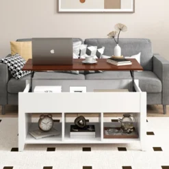 Sofatisch mit Hebeplatte Stauraum & 3 Offene Regale Höhenverstellbar 104,5 x 49 x 48-62,5 cm