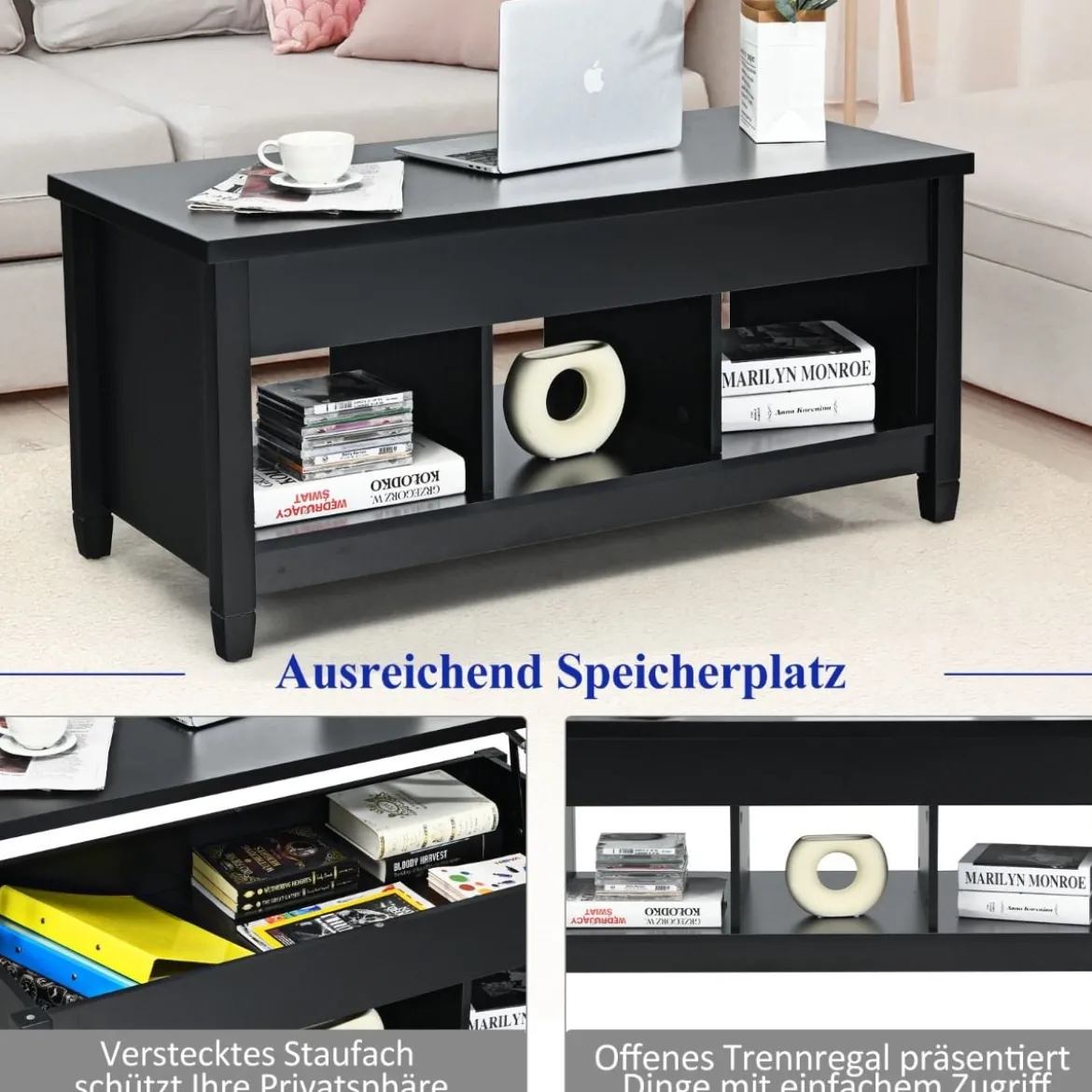 Sofatisch mit Hebeplatte Stauraum & 3 Offene Regale Höhenverstellbar 104,5 x 49 x 48-62,5 cm