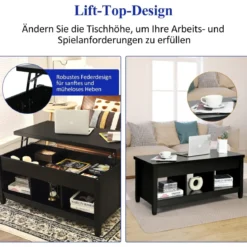 Sofatisch mit Hebeplatte Stauraum & 3 Offene Regale Höhenverstellbar 104,5 x 49 x 48-62,5 cm