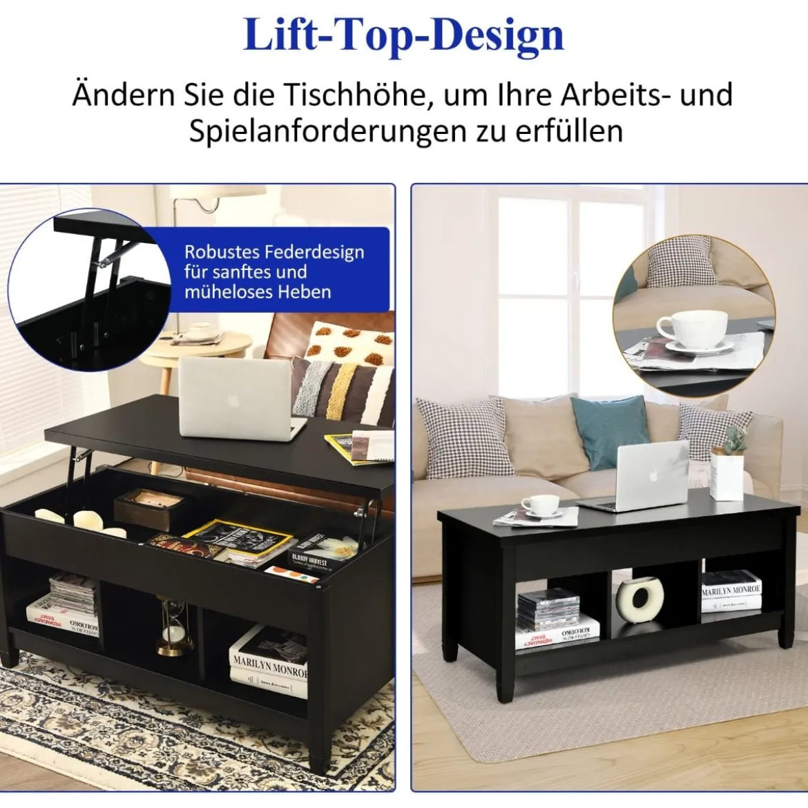 Sofatisch mit Hebeplatte Stauraum & 3 Offene Regale Höhenverstellbar 104,5 x 49 x 48-62,5 cm