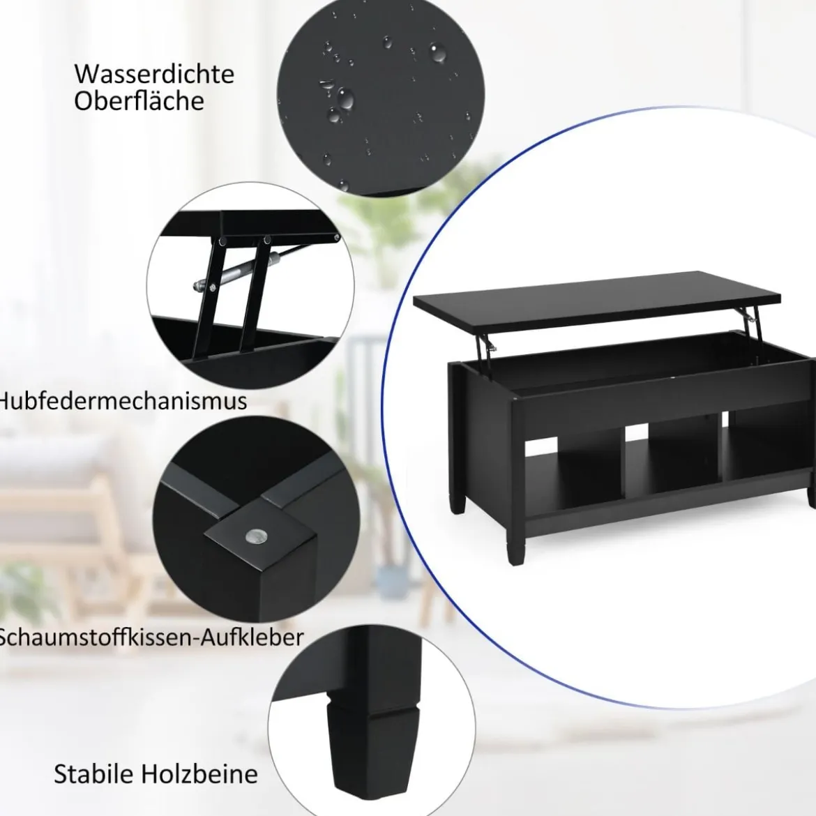 Sofatisch mit Hebeplatte Stauraum & 3 Offene Regale Höhenverstellbar 104,5 x 49 x 48-62,5 cm