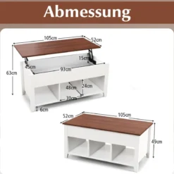 Sofatisch mit Hebeplatte Stauraum & 3 Offene Regale Höhenverstellbar 104,5 x 49 x 48-62,5 cm